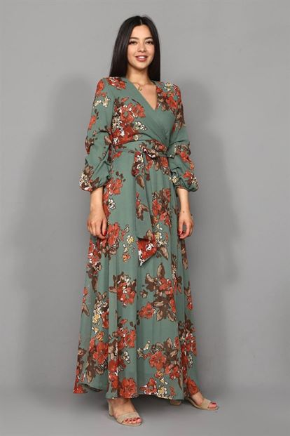 Green flowering long chiffon dress large body