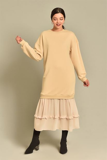 Bej Eteği Şifon Fırfırlı Sweat Elbise