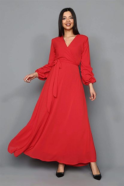 Red Handles Shirred Long Chiffon Dress