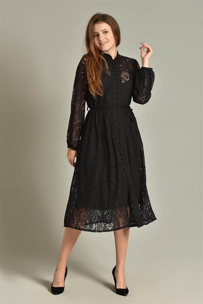 Siyah Midi Boy  Güpür Elbise