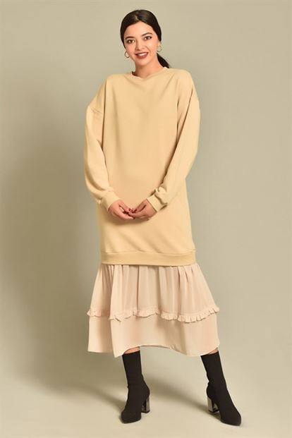 Bej Eteği Şifon Fırfırlı Sweat Elbise