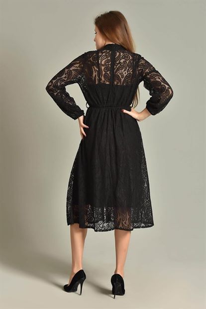 Siyah Midi Boy  Güpür Elbise