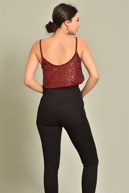 Bordo İp Askılı Pul Payet Bluz
