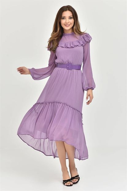 Lila Kemerli Şifon Elbise