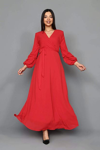 Red Handles Shirred Long Chiffon Dress