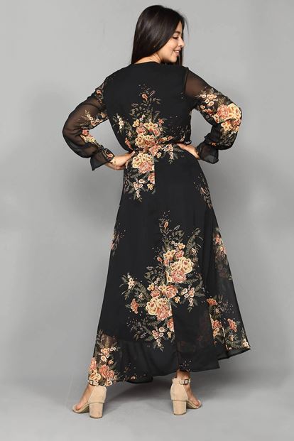Black flowering chiffon long dress large body