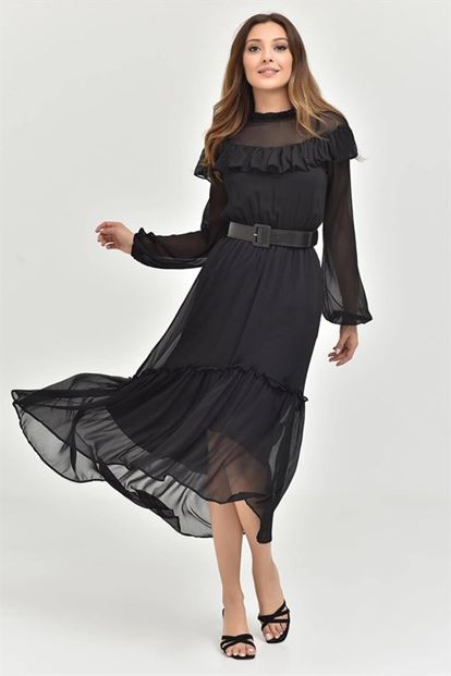 Siyah Kemerli Şifon Elbise