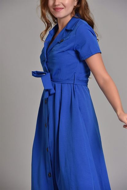 Saks Midi Boy Kısa Kollu Gömlek Elbise