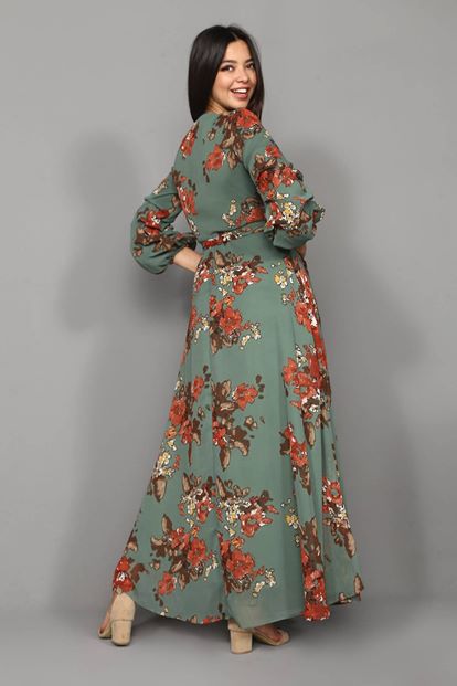 Green flowering long chiffon dress large body