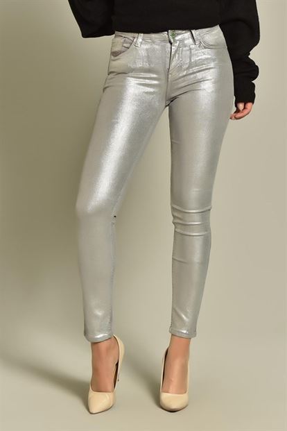 Gümüş Varaklı Slim Fit Jean Pantolon