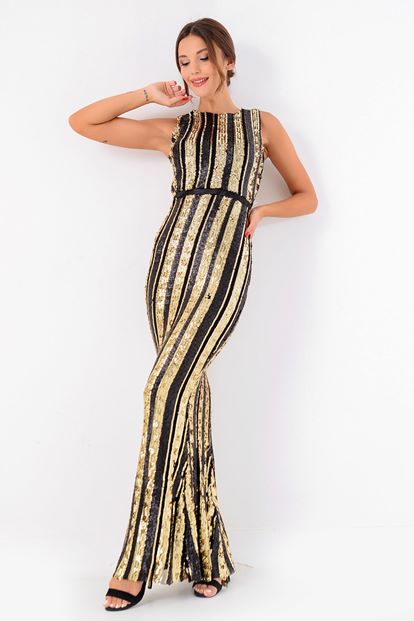 FM Siyah Gold Çizgi Detaylı Uzun Pul Payet Abiye Elbise