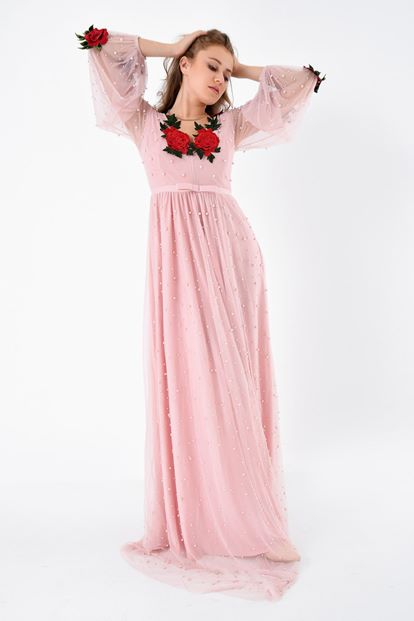 Powder Embroidery Embroidered Long Tulle Evening Dress