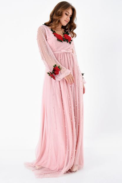 Powder Embroidery Embroidered Long Tulle Evening Dress