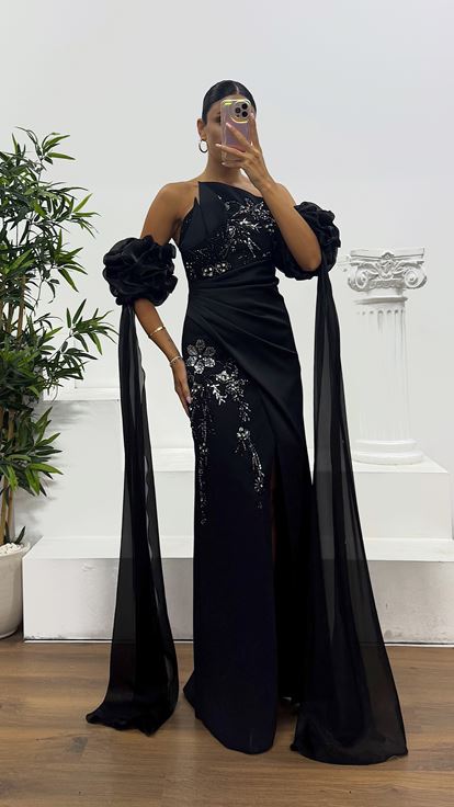 Siyah Straplez İşleme Detay Abiye Elbise