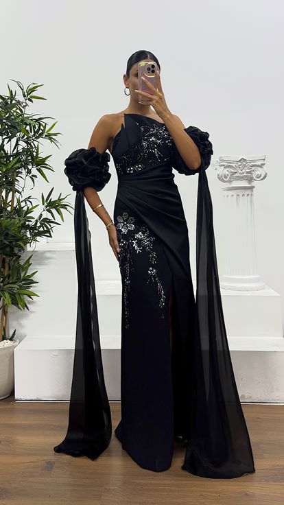 Siyah Straplez İşleme Detay Abiye Elbise