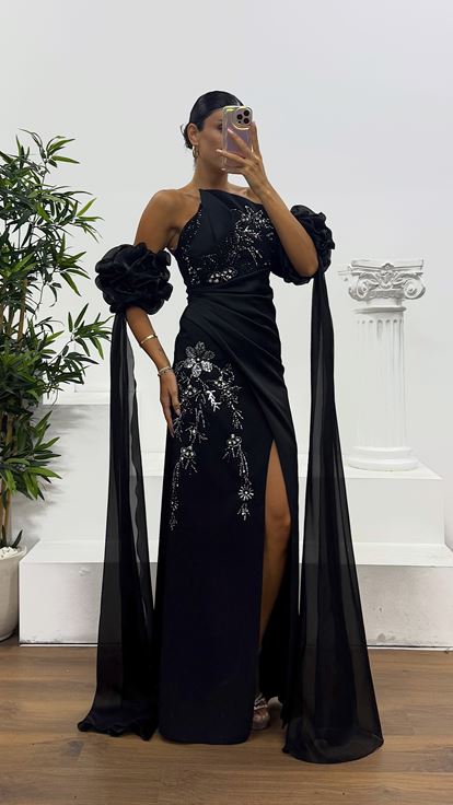 Siyah Straplez İşleme Detay Abiye Elbise