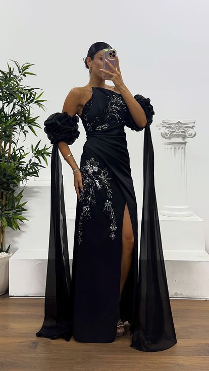 Siyah Straplez İşleme Detay Abiye Elbise