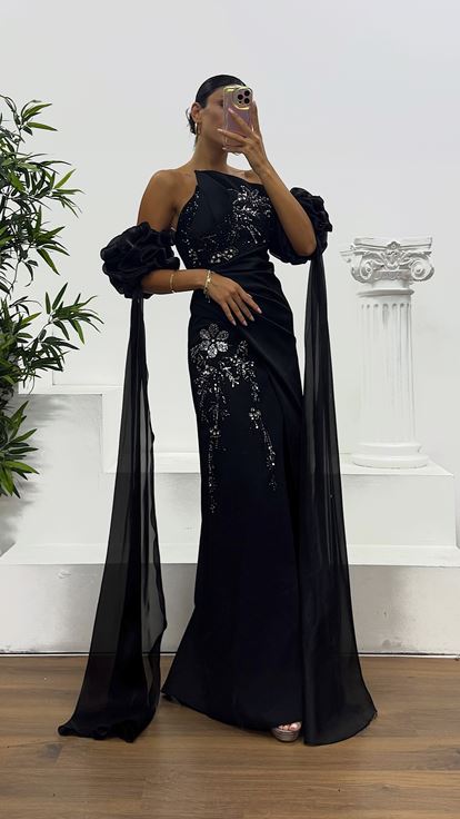 Siyah Straplez İşleme Detay Abiye Elbise