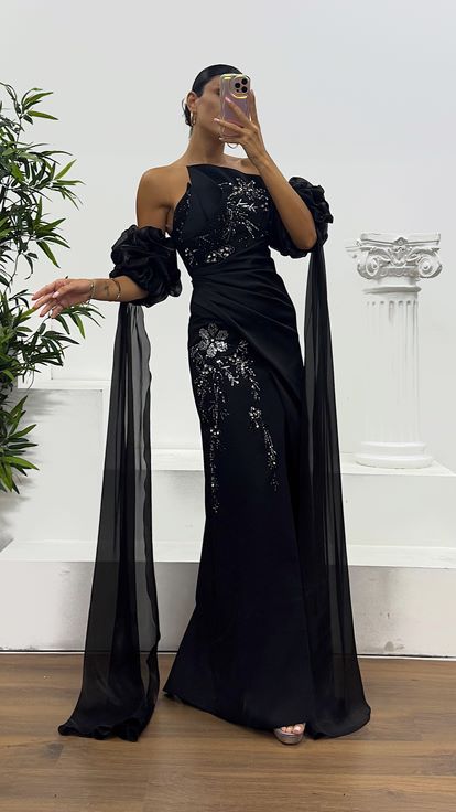 Siyah Straplez İşleme Detay Abiye Elbise