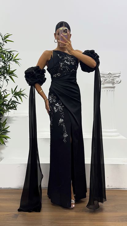 Siyah Straplez İşleme Detay Abiye Elbise