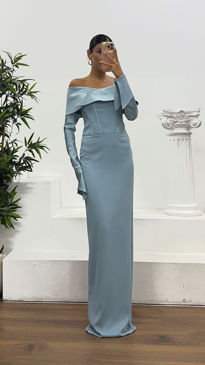 Baby Blue Strapless Satin Evening Dress with Gloves