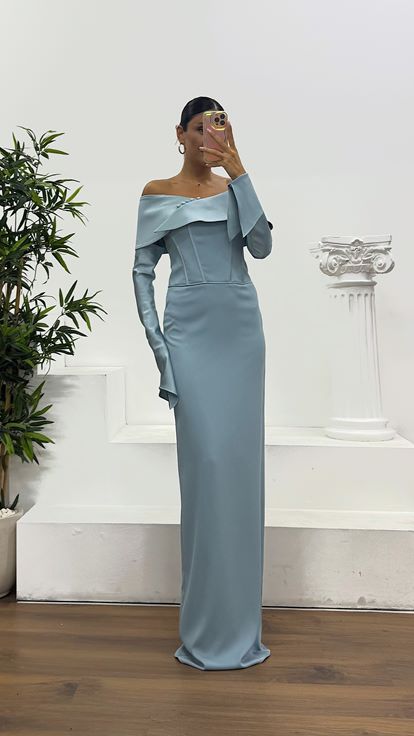 Baby Blue Strapless Satin Evening Dress with Gloves