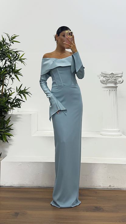 Baby Blue Strapless Satin Evening Dress with Gloves