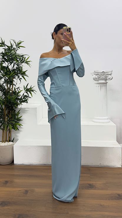 Baby Blue Strapless Satin Evening Dress with Gloves