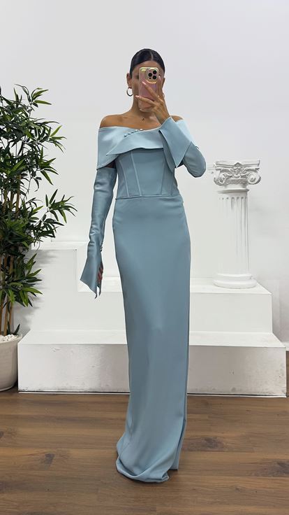 Baby Blue Strapless Satin Evening Dress with Gloves