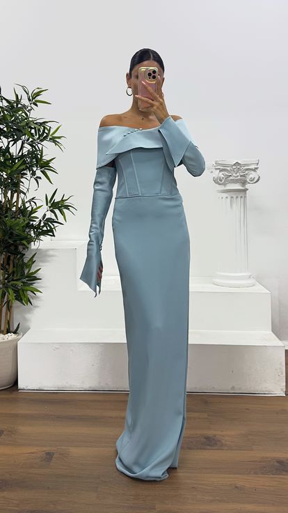 Baby Blue Strapless Satin Evening Dress with Gloves