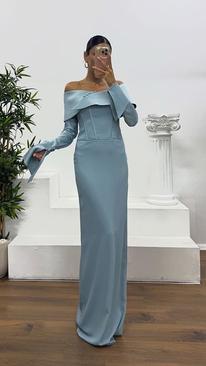 Baby Blue Strapless Satin Evening Dress with Gloves