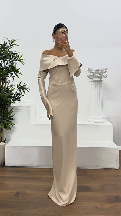 Beige Strapless Satin Evening Dress with Gloves
