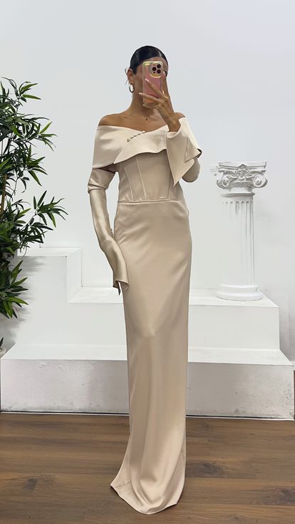 Beige Strapless Satin Evening Dress with Gloves