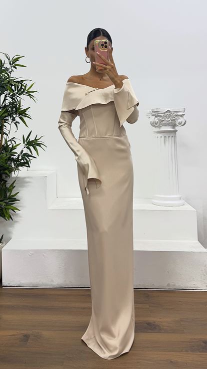 Beige Strapless Satin Evening Dress with Gloves