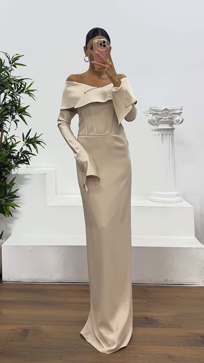 Beige Strapless Satin Evening Dress with Gloves