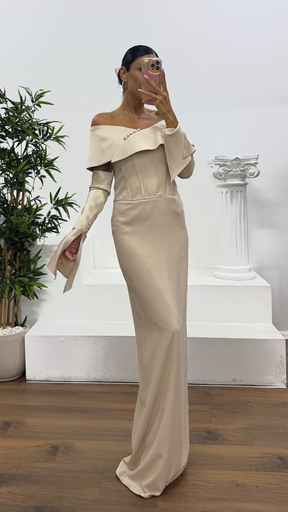 Beige Strapless Satin Evening Dress with Gloves