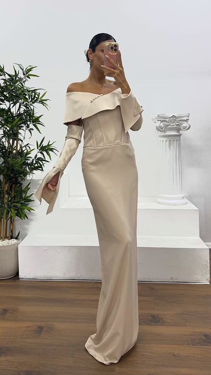 Beige Strapless Satin Evening Dress with Gloves