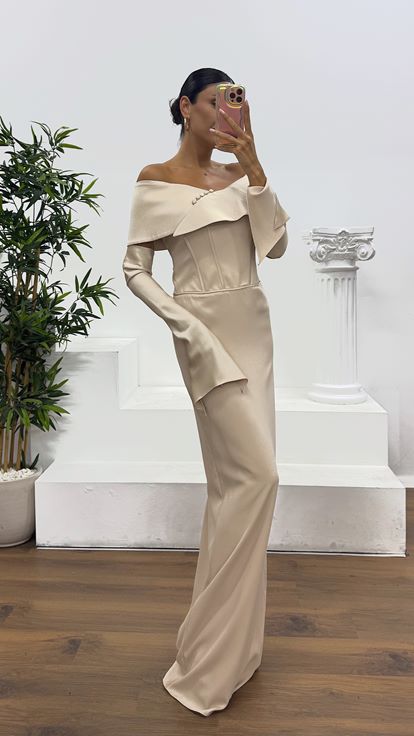 Beige Strapless Satin Evening Dress with Gloves