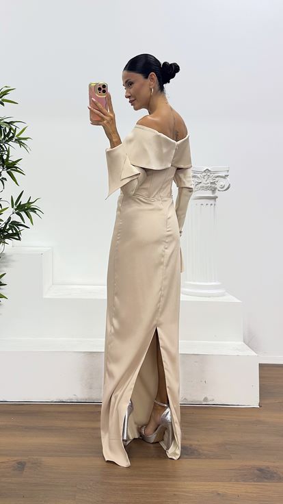 Beige Strapless Satin Evening Dress with Gloves