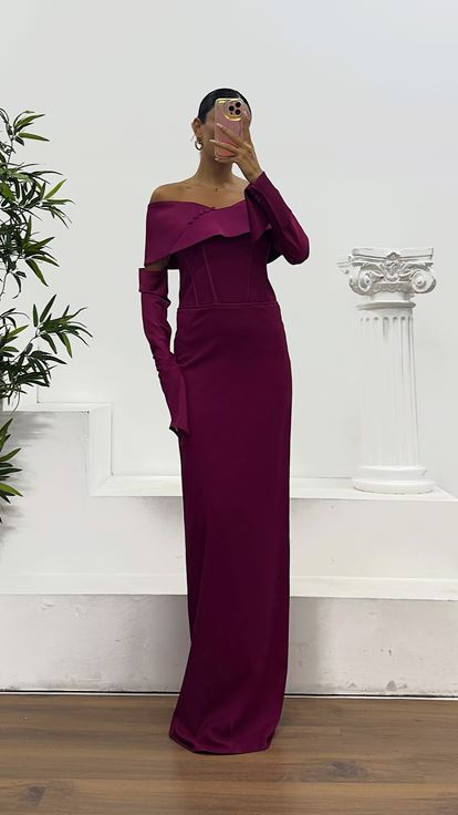 Burgundy Strapless Satin Evening Dress with Gloves