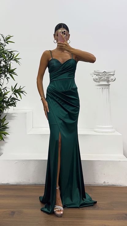 Zümrüt İp Askılı Sırt Bağlamalı Abiye Elbise