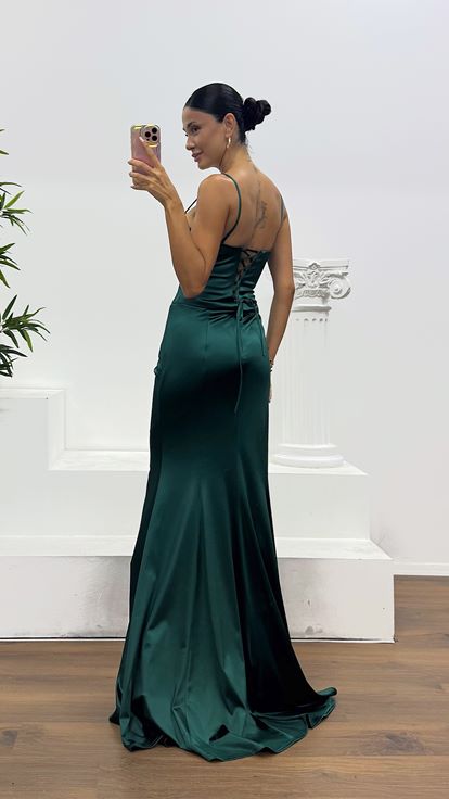 Zümrüt İp Askılı Sırt Bağlamalı Abiye Elbise