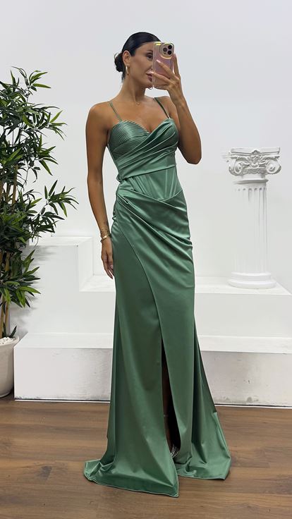 Çağla İp Askılı Sırt Bağlamalı Abiye Elbise