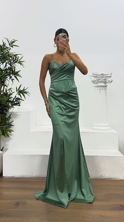 Çağla İp Askılı Sırt Bağlamalı Abiye Elbise