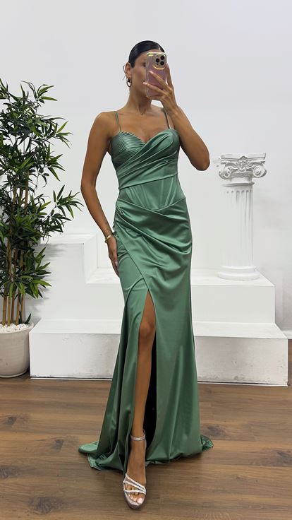 Çağla İp Askılı Sırt Bağlamalı Abiye Elbise