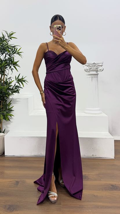 Vişne İp Askılı Sırt Bağlamalı Abiye Elbise