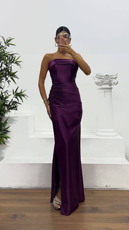 Vişne Straplez Saten Abiye Elbise