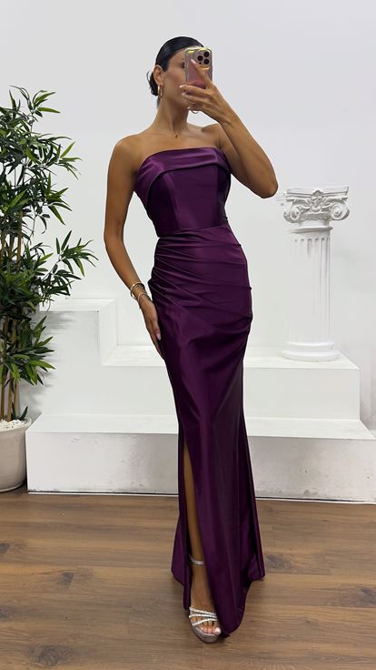 Vişne Straplez Saten Abiye Elbise