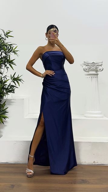 Lacivert Straplez Saten Abiye Elbise