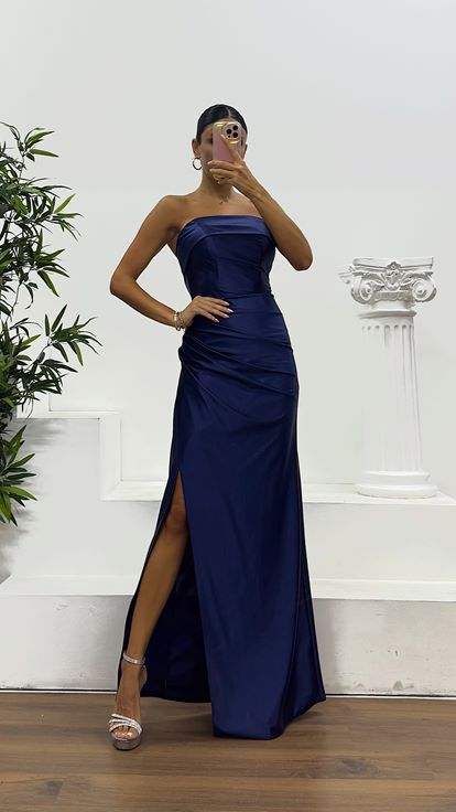 Lacivert Straplez Saten Abiye Elbise